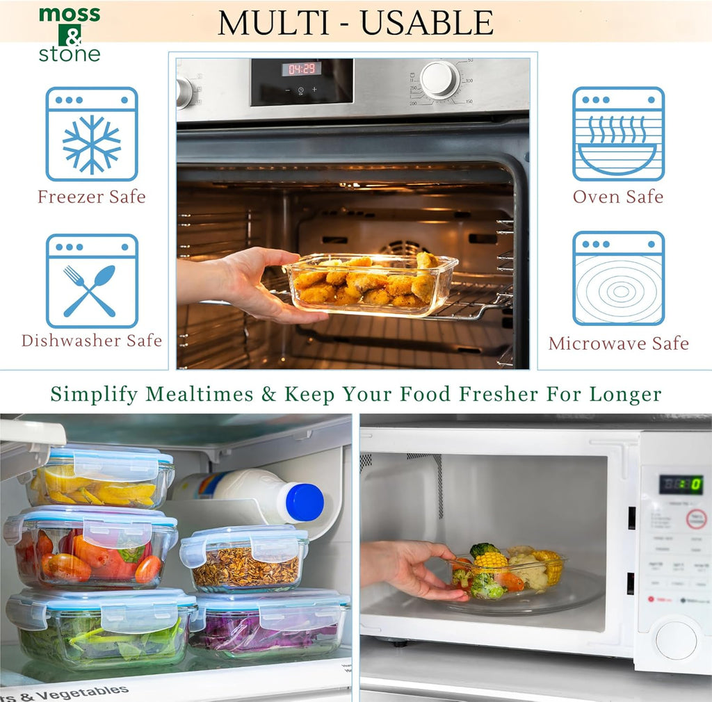 10-Piece Borosilicate Glass Meal Prep Container Set – 100% Leak-Proof Snap-Lock Lids, Airtight and BPA-Free – Safe for Freezer, Microwave, and Oven (Glass Only) – Stackable and Nestable Food Storage Solution